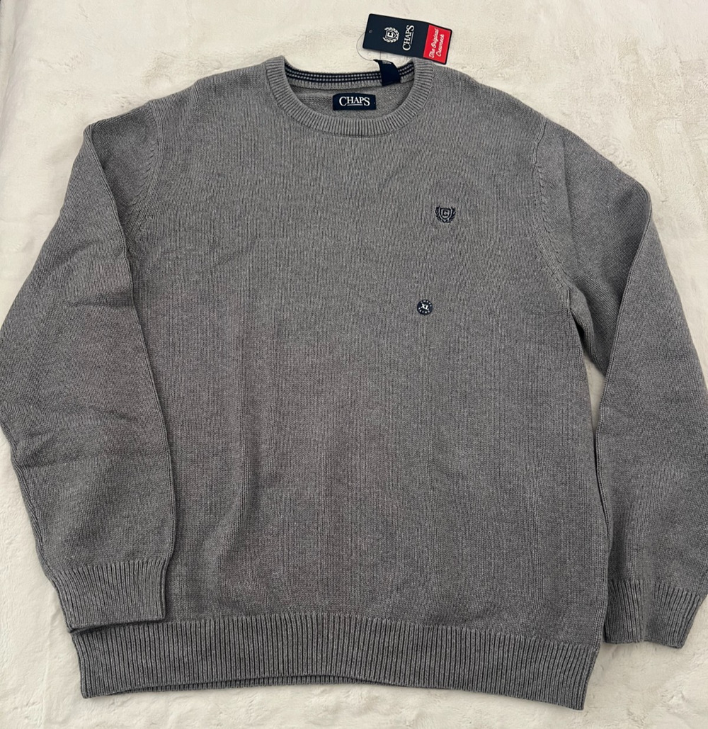 Chaps Men's Crewneck Sweater XL Gray 100% Cotton Embroidered Logo NWT